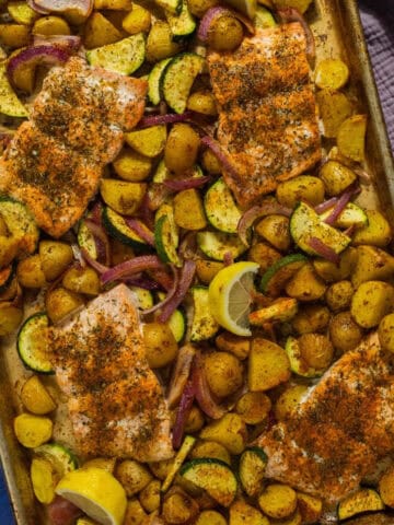 Featured image for Mediterranean salmon sheet pan dinner.