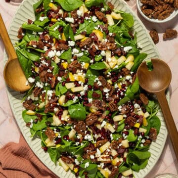 A platter with completed spinach and pomegranate salad.