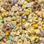 A close up shot of the white chocolate Chex mix.