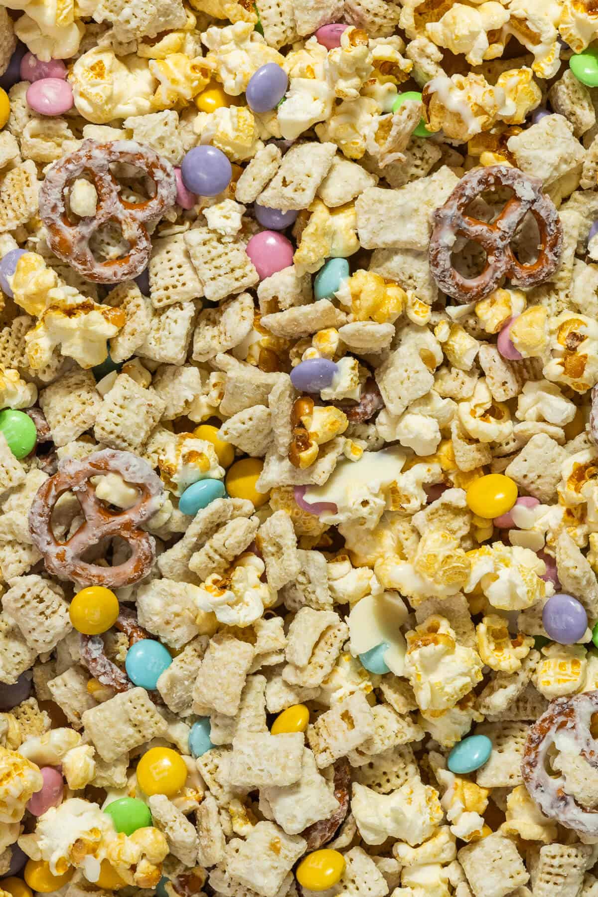 A close up shot of the white chocolate Chex mix.