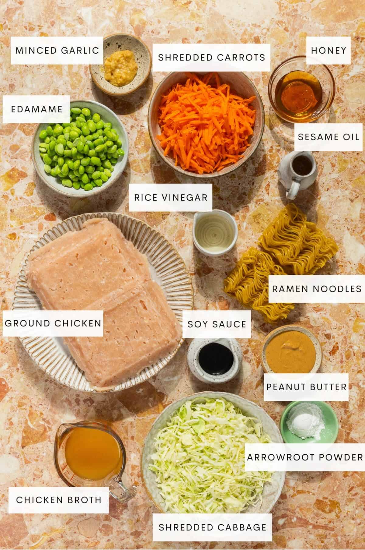 Ingredient shot for one pan peanut butter ramen noodles.