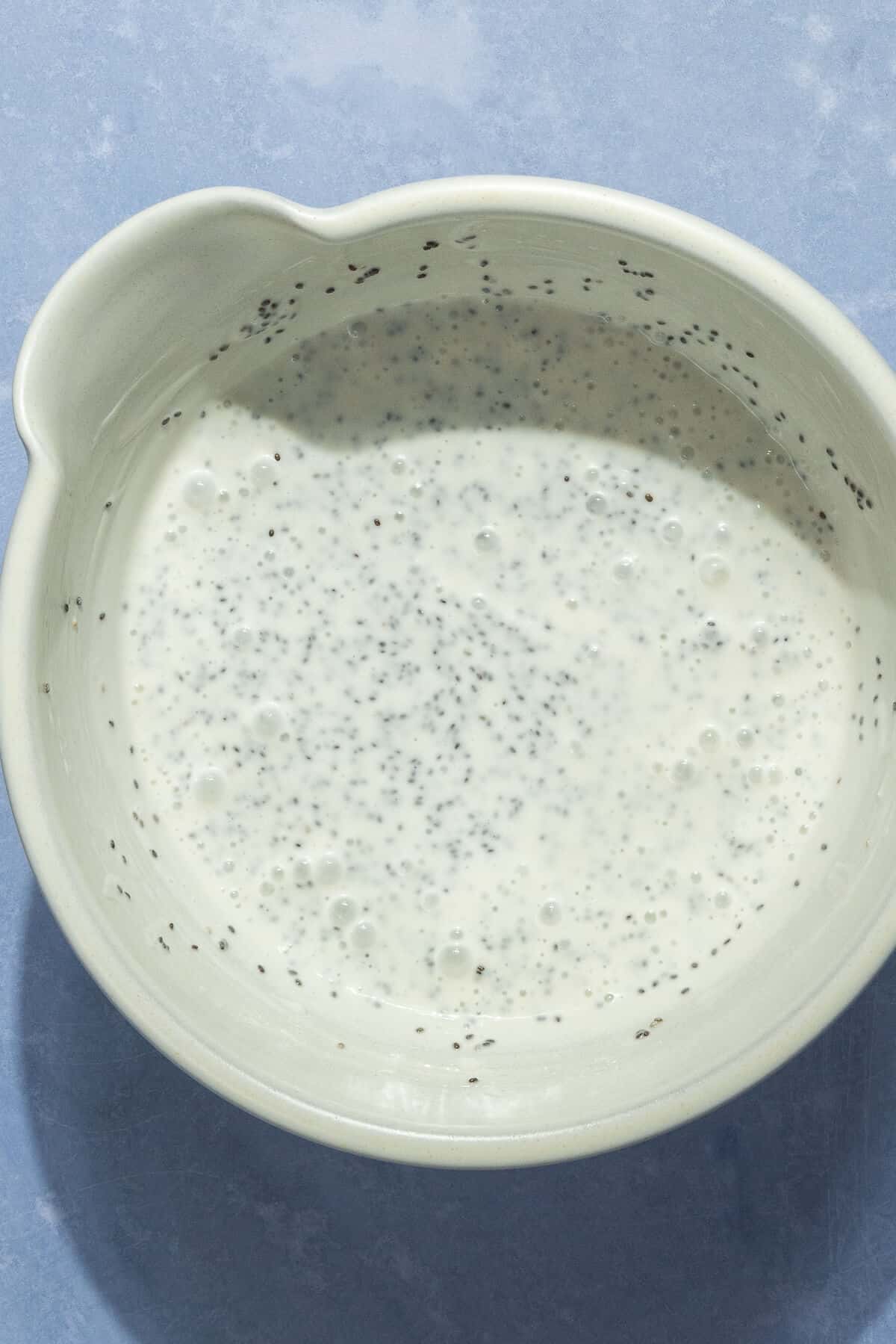 A mixing bowl with the combined ingredients for mango chia pudding.