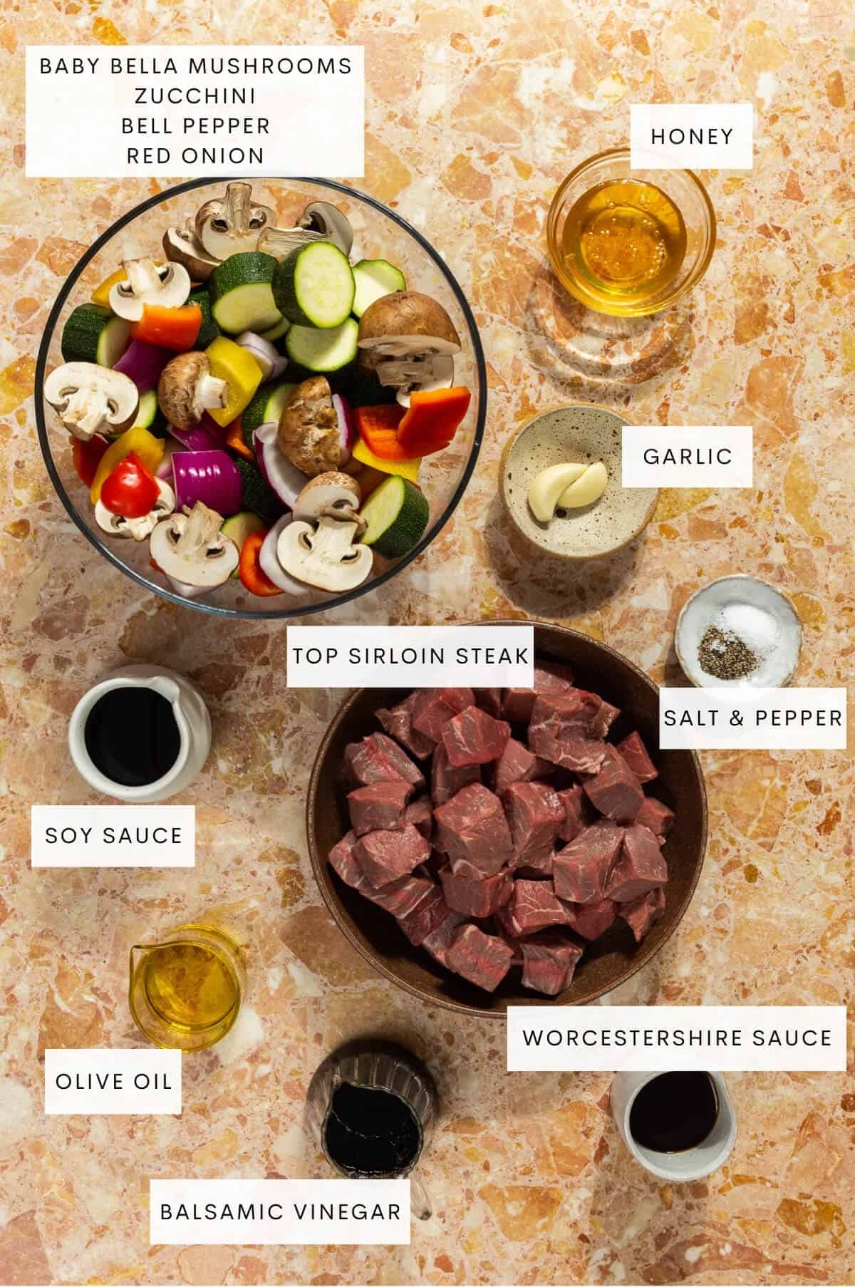 Ingredient shot for grilled beef kabobs.