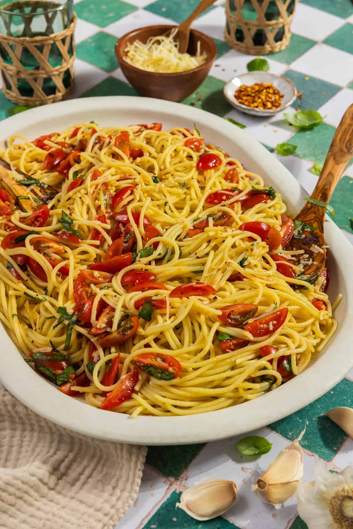 A large serving platter with the completed bruschetta pasta.