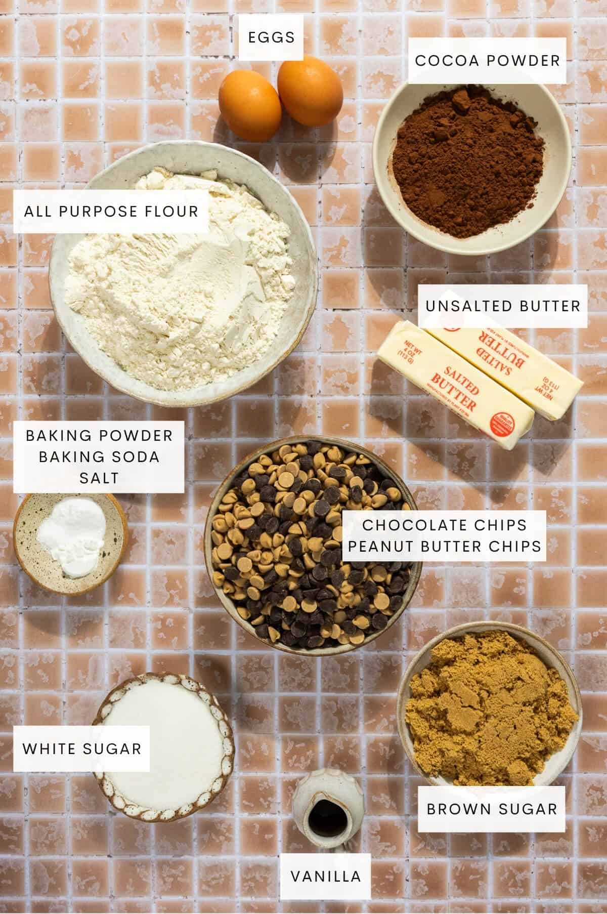 Ingredient shot for chocolate and peanut butter chip cookies.