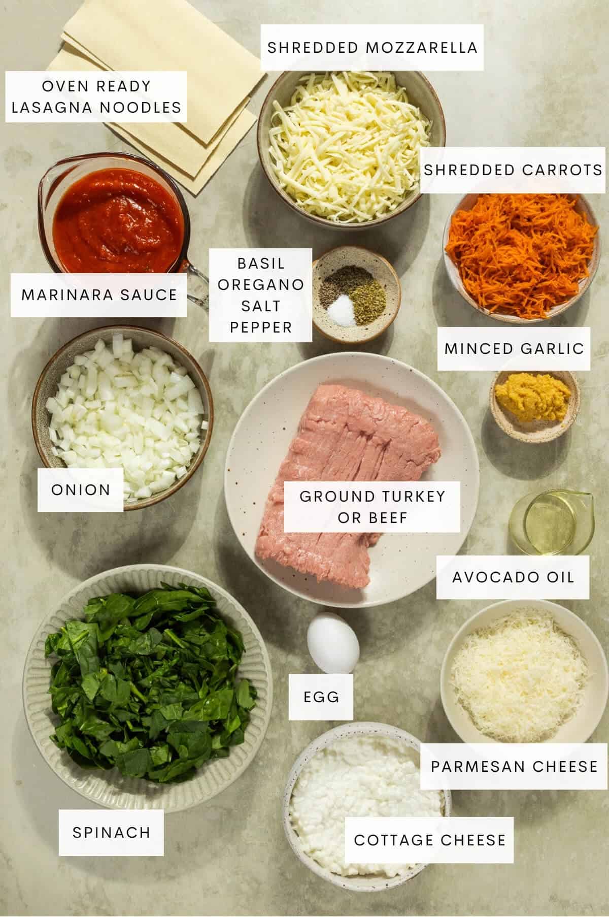 Ingredient shot for lasagna with cottage cheese.