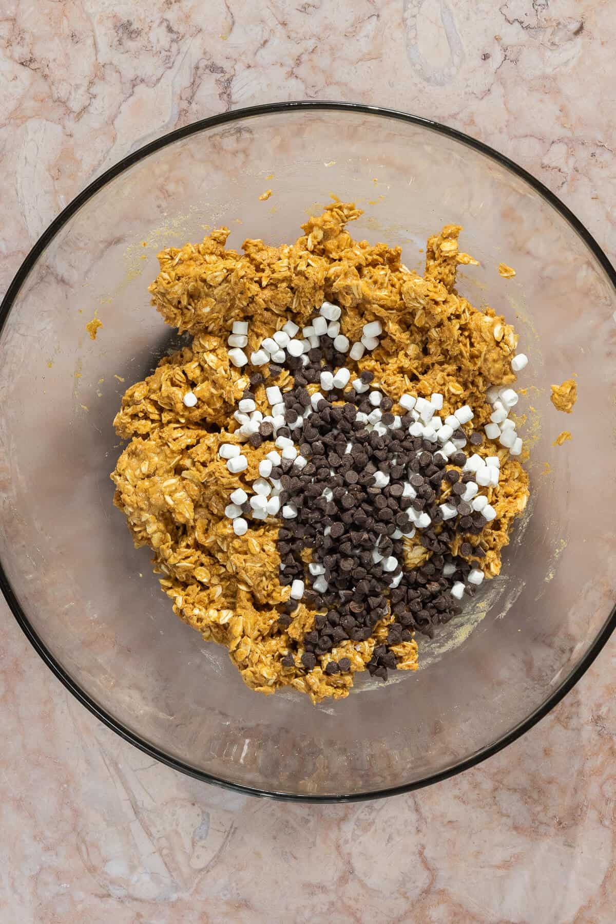 Mini marshmallows and mini chocolate chips added to the protein bites batter.