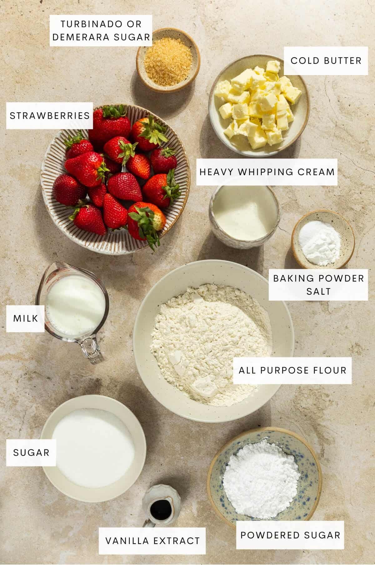Ingredient shot for strawberry shortcake on biscuits.