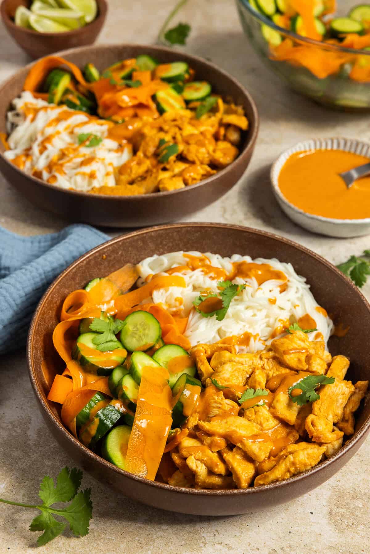 Two prepared chicken satay bowls with rice noodles, satay chicken, and carrot cucumber salad.