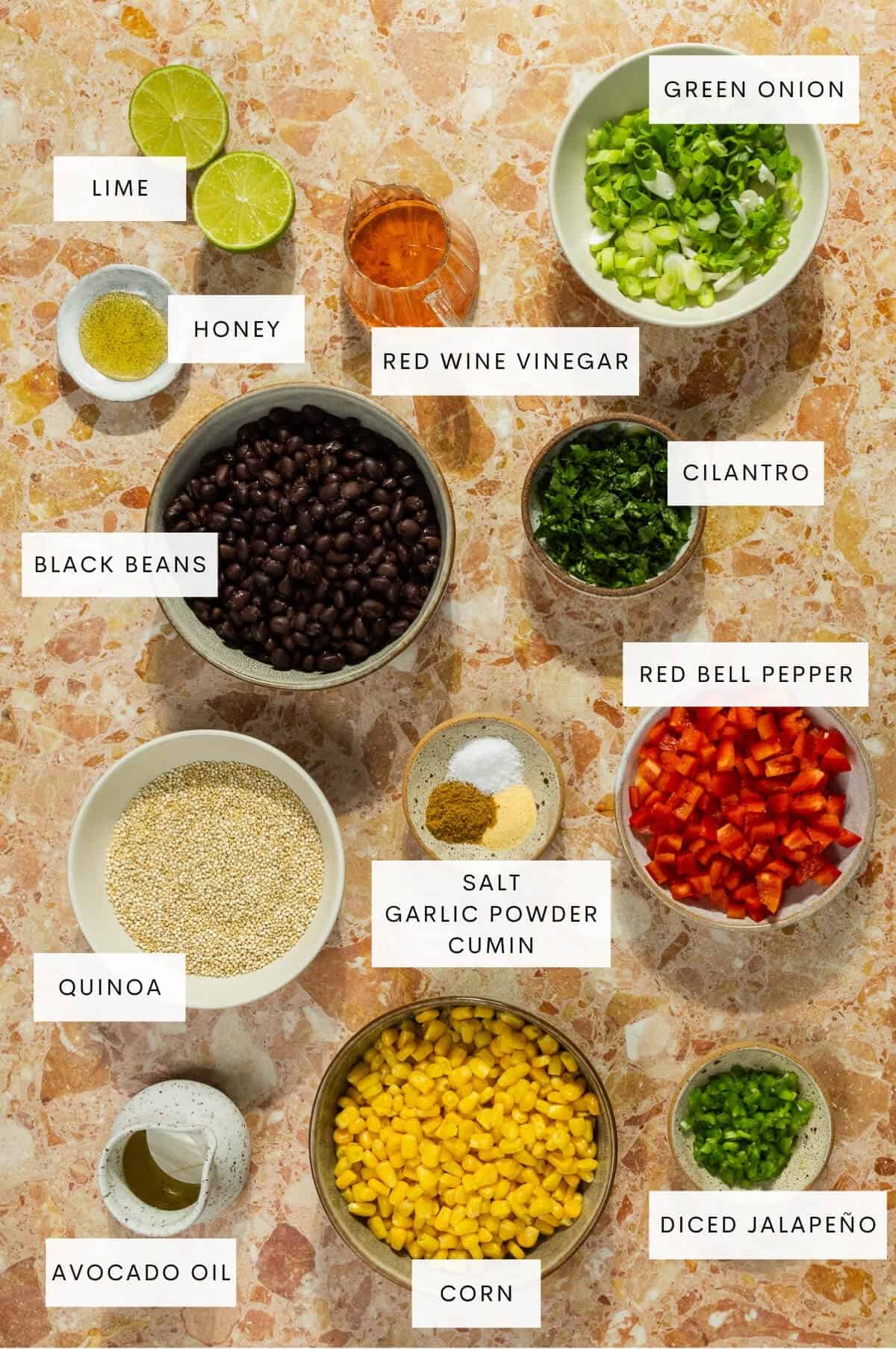 Ingredient shot for cowboy caviar with quinoa.