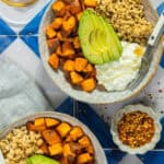 Assembled hot honey breakfast bowls.