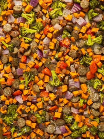Featured image for pesto chicken sausage and veggies sheet pan.