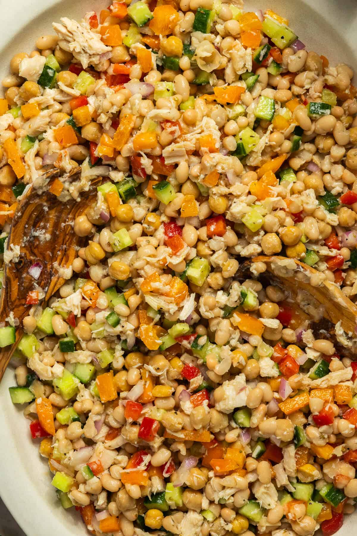 Tossed Mediterranean white bean salad.