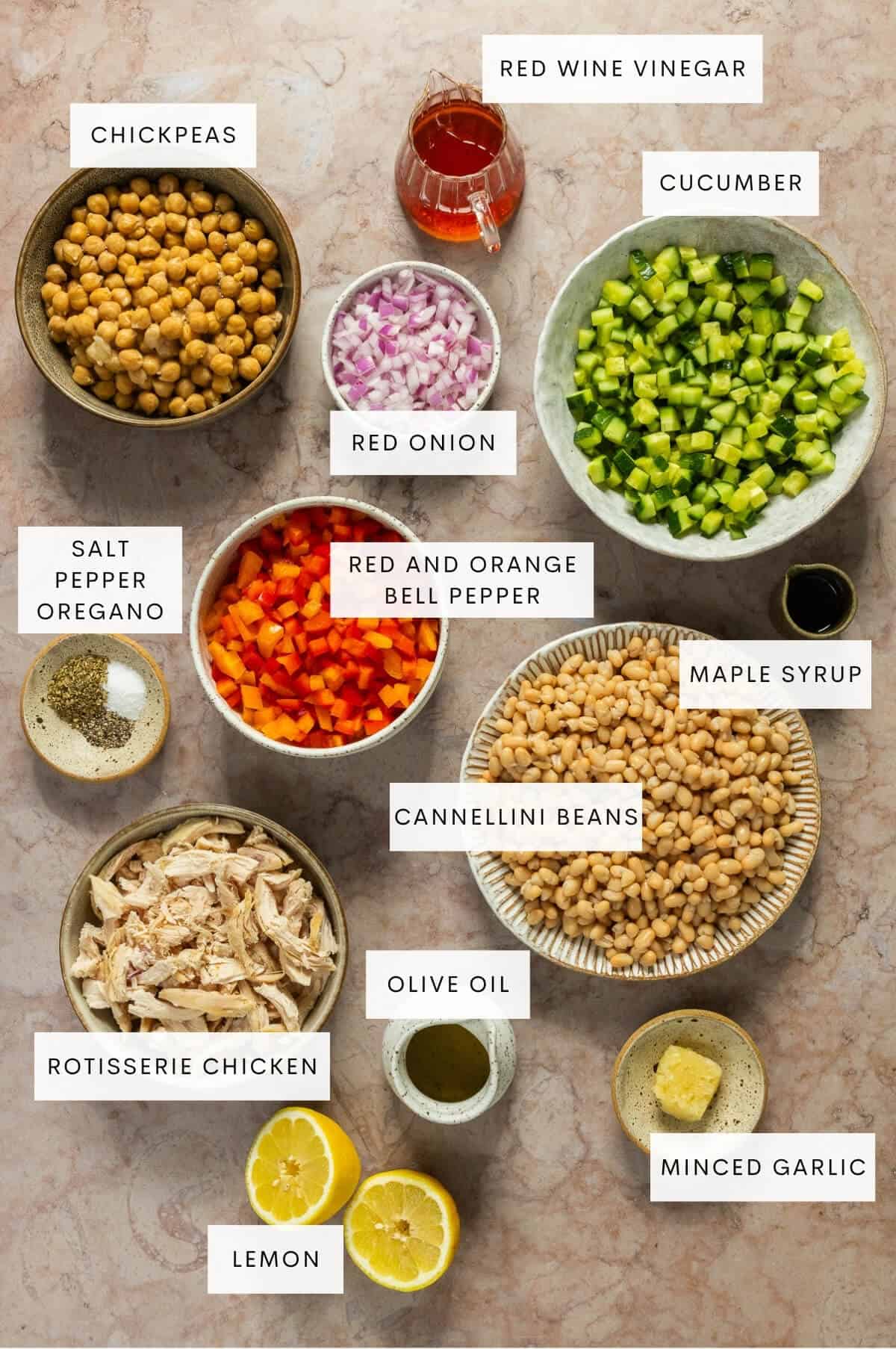 Ingredient shot for Mediterranean white bean salad.