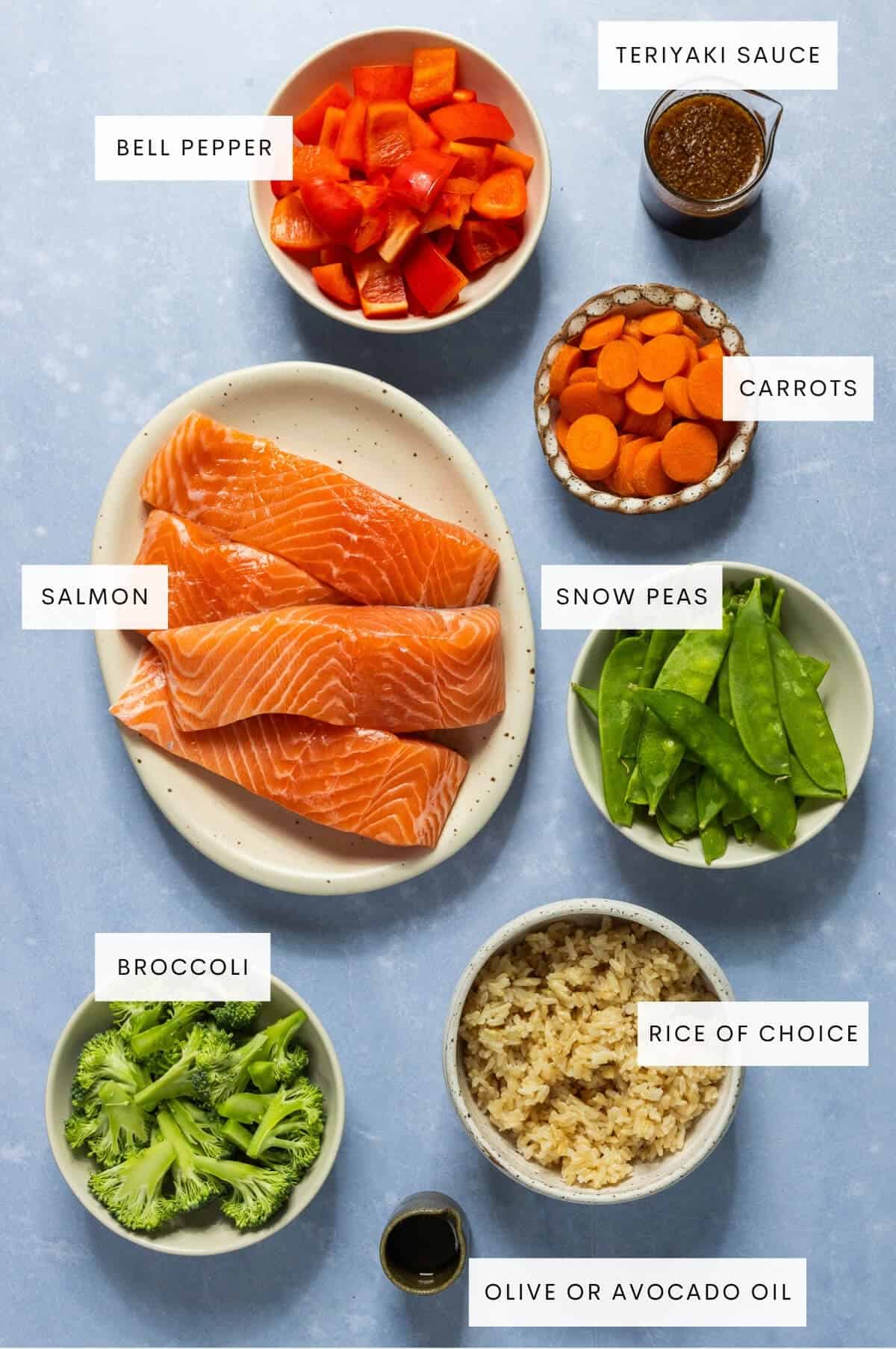Ingredient shot for teriyaki salmon bowls.