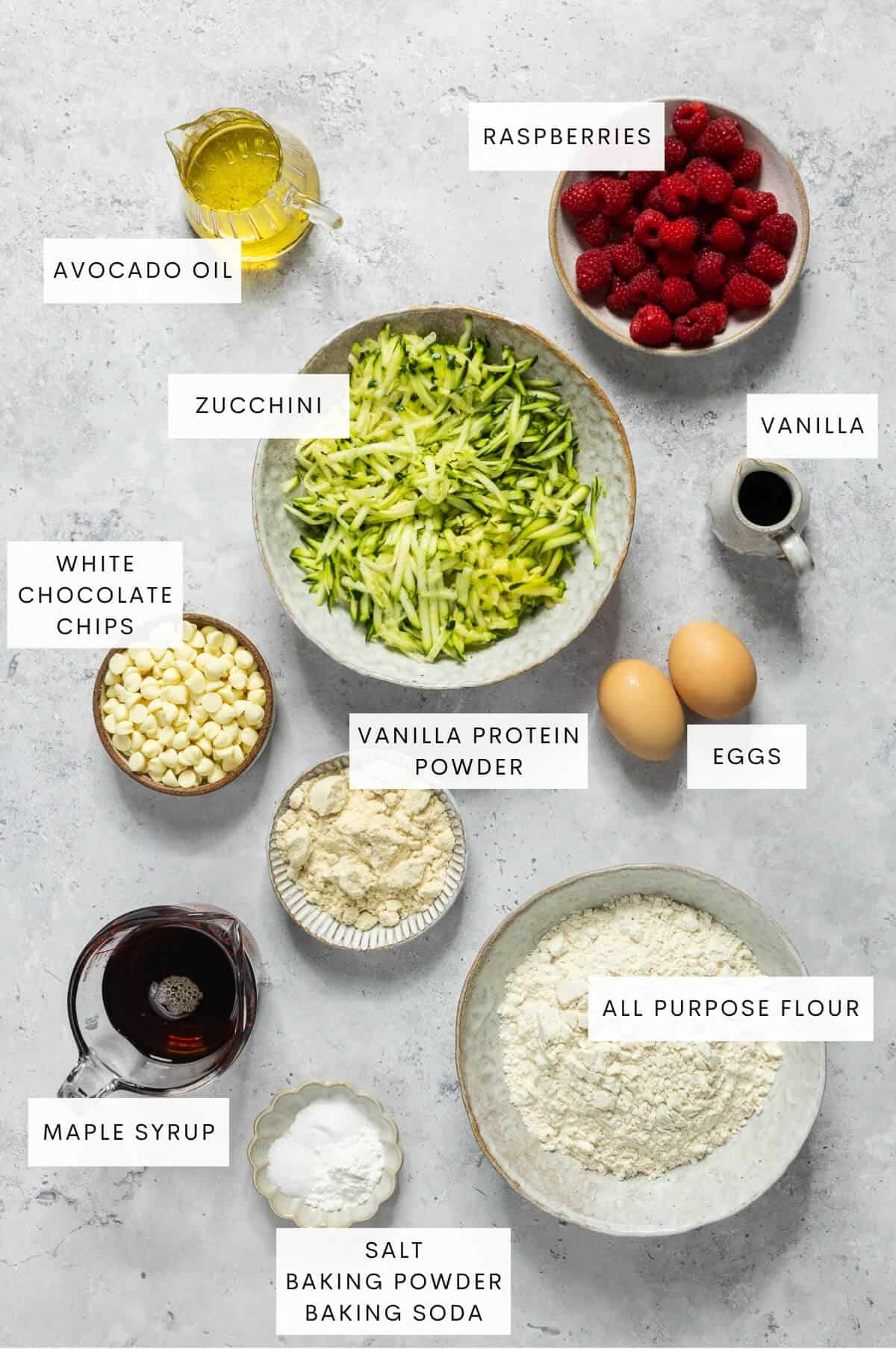 Ingredient shot for white chocolate raspberry zucchini muffins.