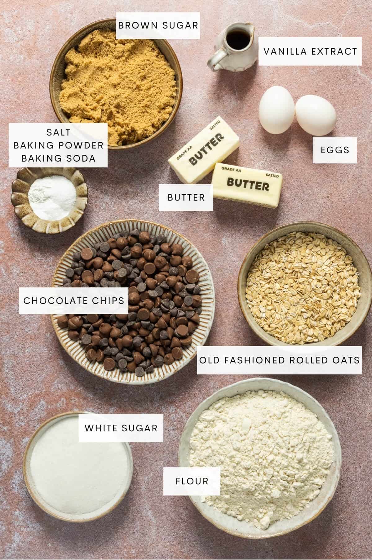 Ingredient shot for oatmeal chocolate chip cookies.