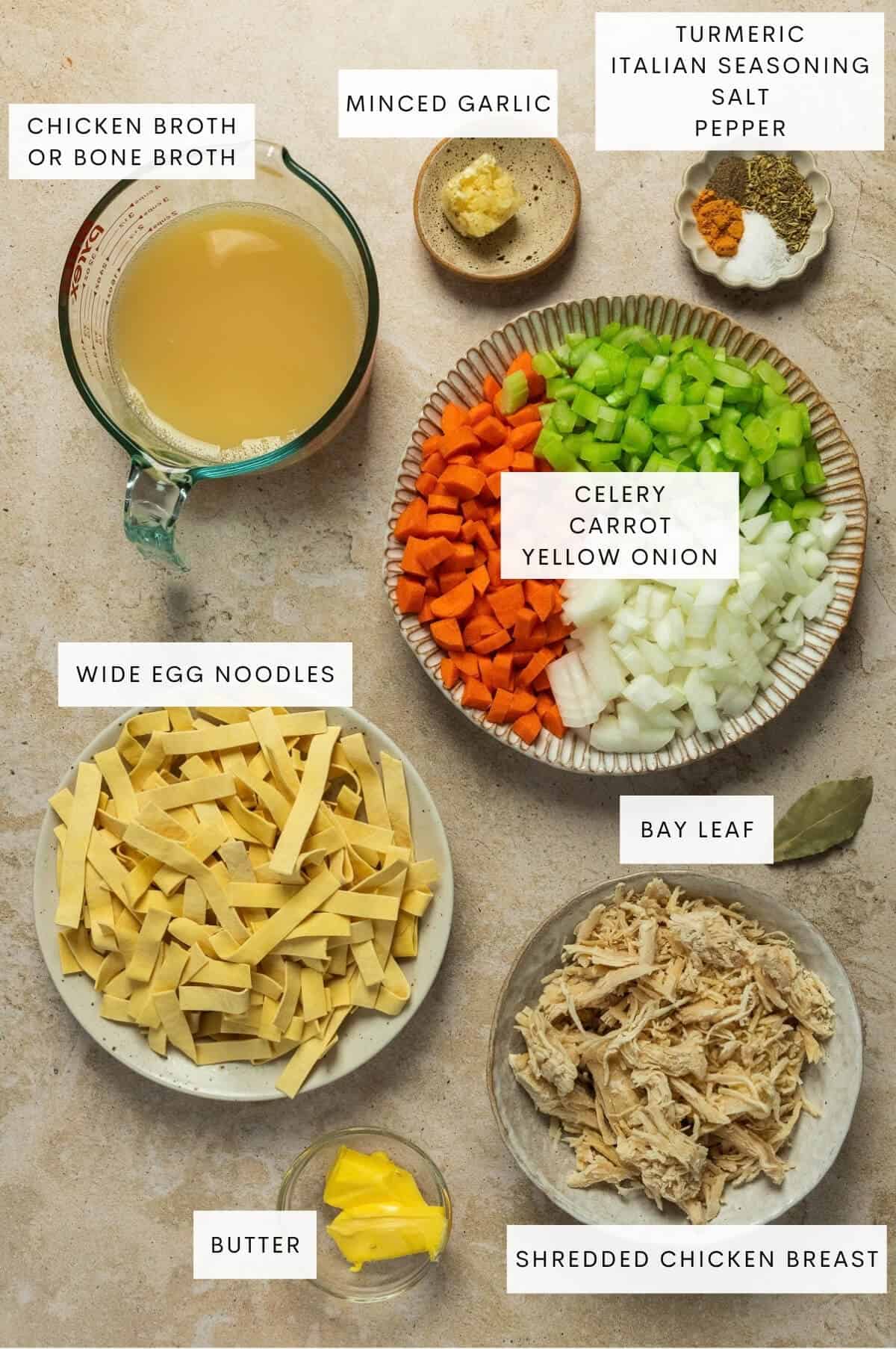Ingredient shot for chicken noodle soup.