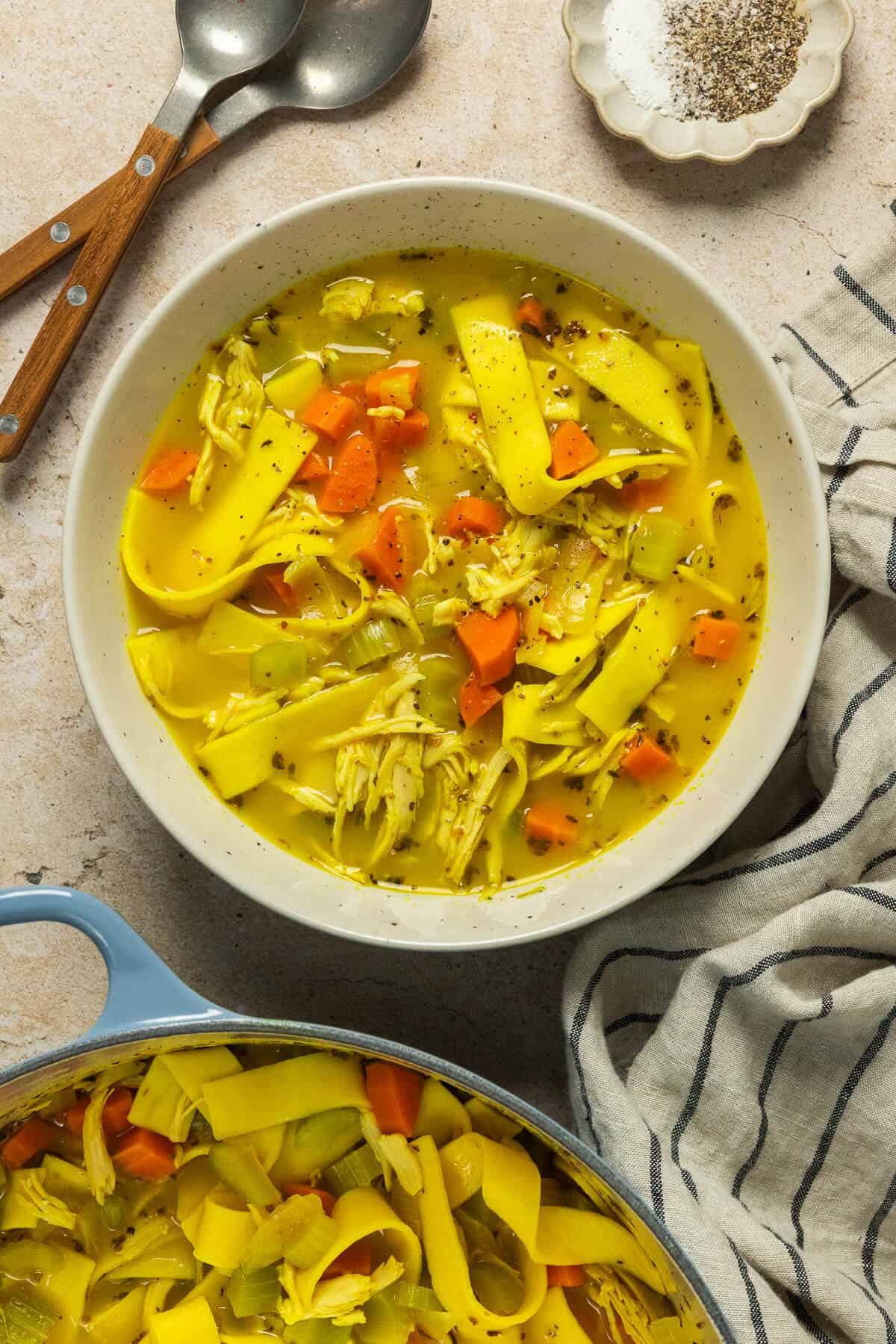 A cozy bowl of homemade chicken noodle soup.