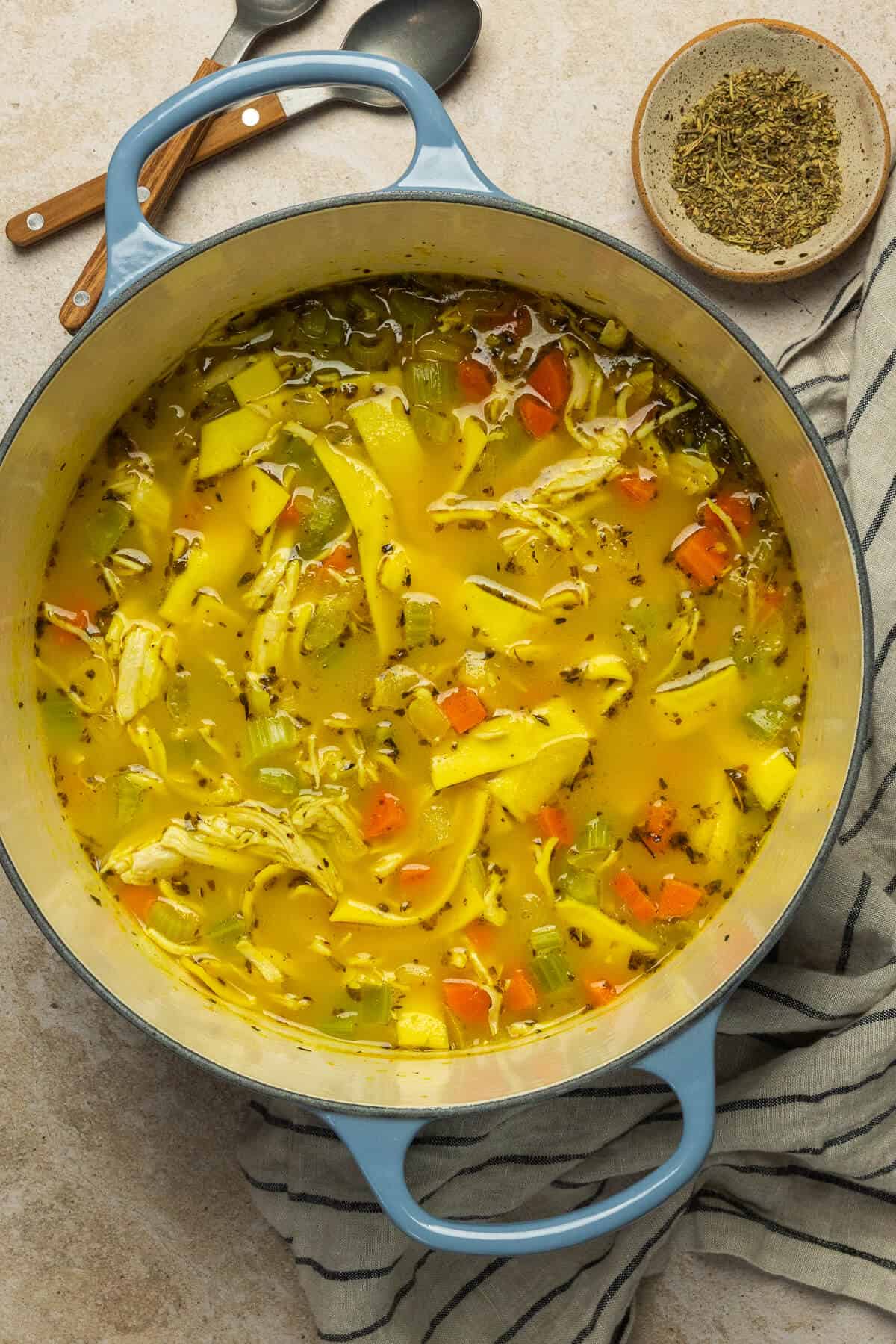 A large pot of homemade chicken noodle soup and a small bowl of seasonings.